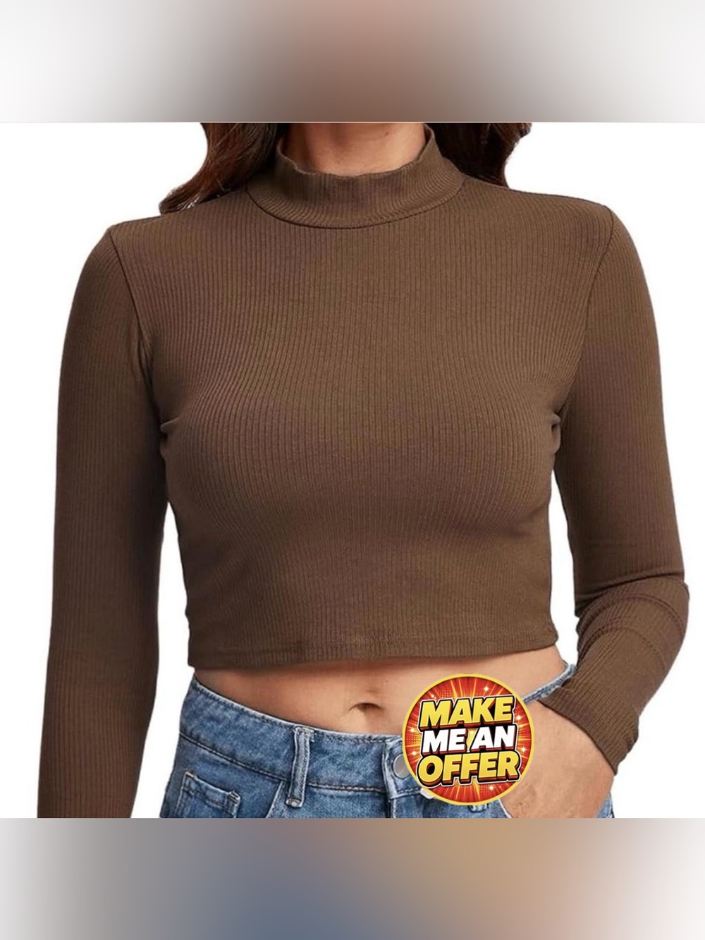 Brand New Ribbed Mock Neck Long Sleeve Crop Top - Brown - SZ L